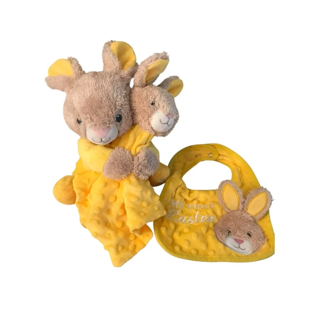 MTY Yellow Bunny Lovey‎ Security Blanket Baby Plush Minky Dot Rattle Easter